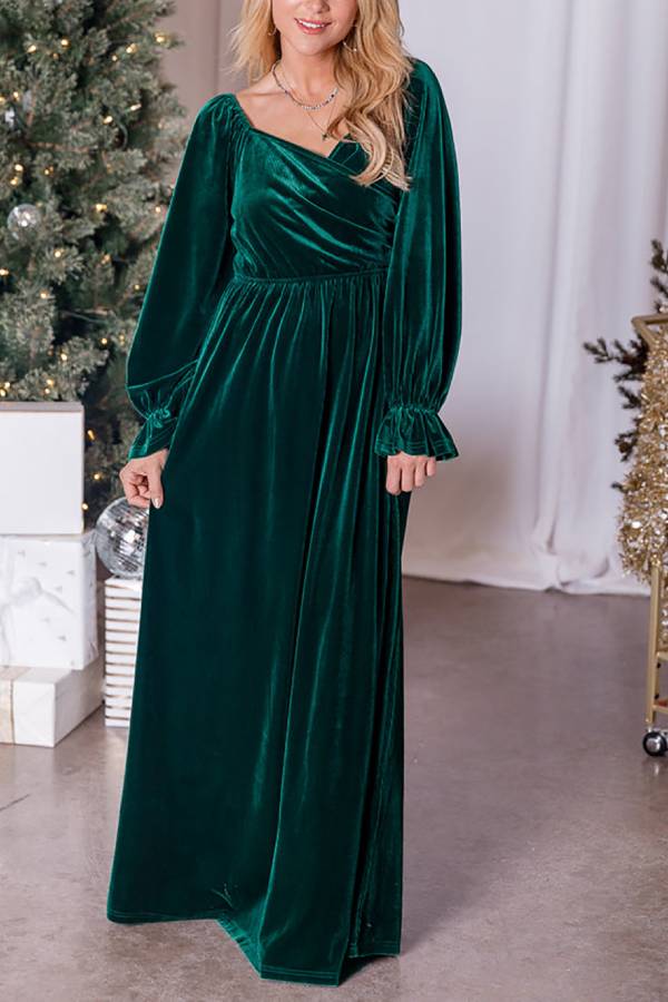 Holiday Magic Velvet Emerald Ruched Maxi Dress