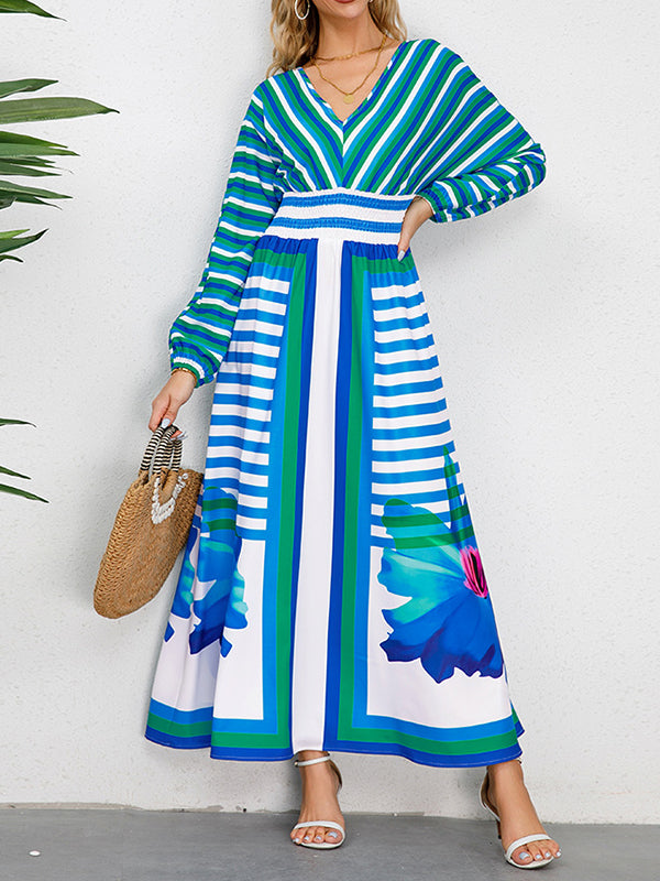 A-Line Long Sleeves Backless Elasticity Flower Print Split-Joint Striped Tied V-Neck Maxi Dresses