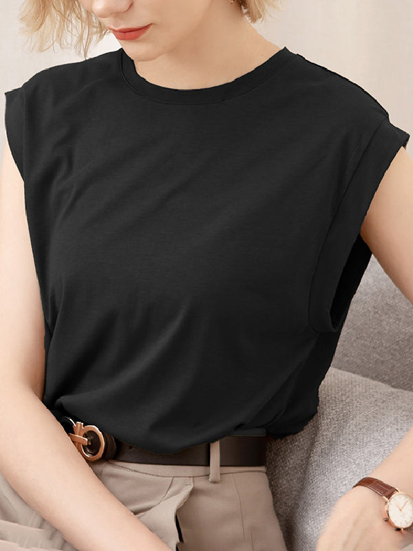 Loose Sleeveless Hollow Solid Color Round-Neck T-Shirts