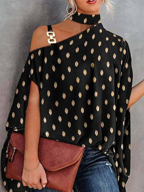 Batwing Sleeves Loose Asymmetric Chains Leaves Print Asymmetric Collar T-Shirts Tops