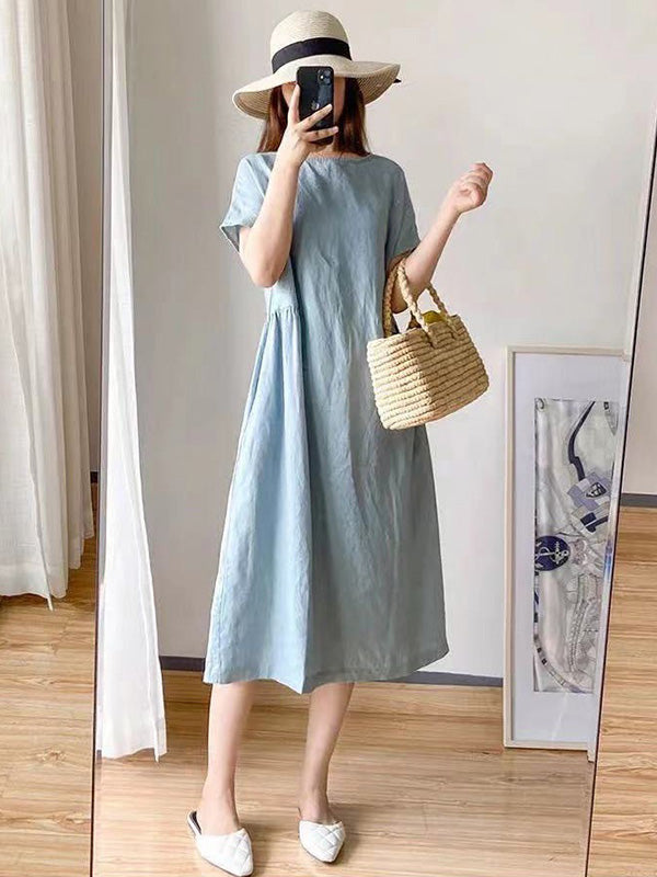 Casual Loose Solid Color Round-Neck Midi Dresses