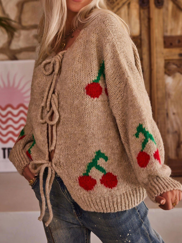 Cherry Knit Lace-Up Cardigan