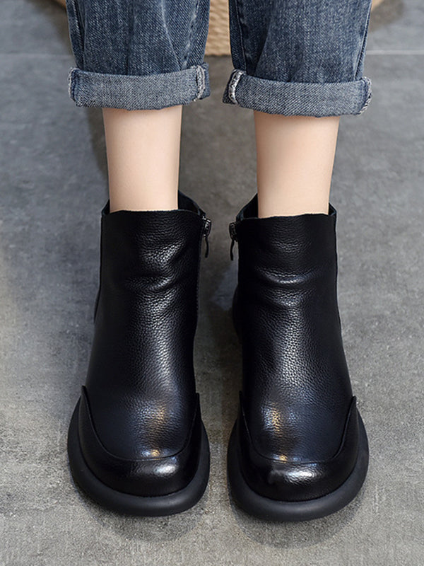 Round-Toe Solid Color Zipper Boots