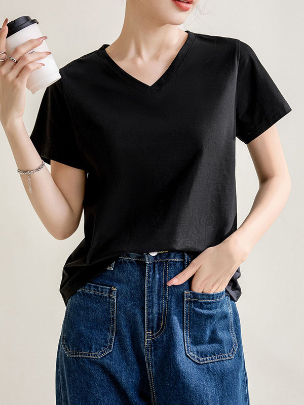 Loose Short Sleeves Solid Color V-Neck T-Shirts Tops