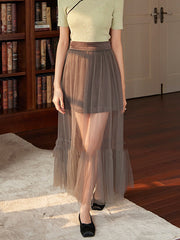 A-Line High Waisted Pleated See-Through Split-Joint Tulle Skirts Bottoms