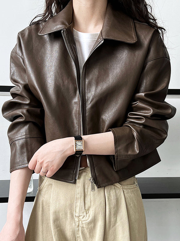 Long Sleeves Loose Solid Color Zipper Lapel Collar Jackets&Coats Outerwear