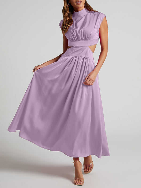 Cap Sleeve Belly-Hollow Pleated Solid Color Stand Collar Maxi Dresses