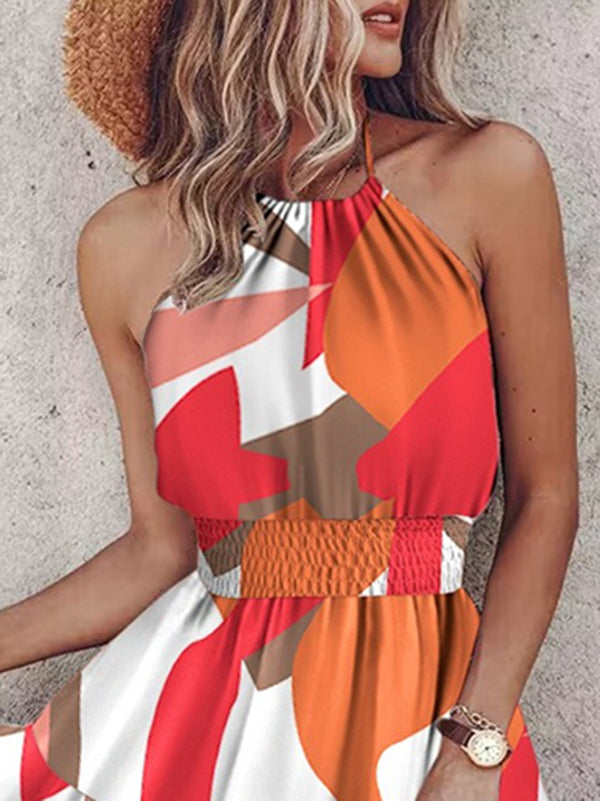 Loose Sleeveless Color-Block Contrast Color Elasticity Split-Joint Halter-Neck Mini Dresses