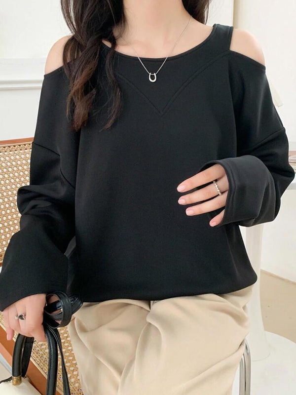 Long Sleeves Loose Hollow Solid Color Cold Shoulder T-Shirts Tops