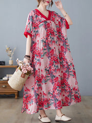 Loose Artistic Retro Floral Printed Split-Joint V-Neck Midi Dress