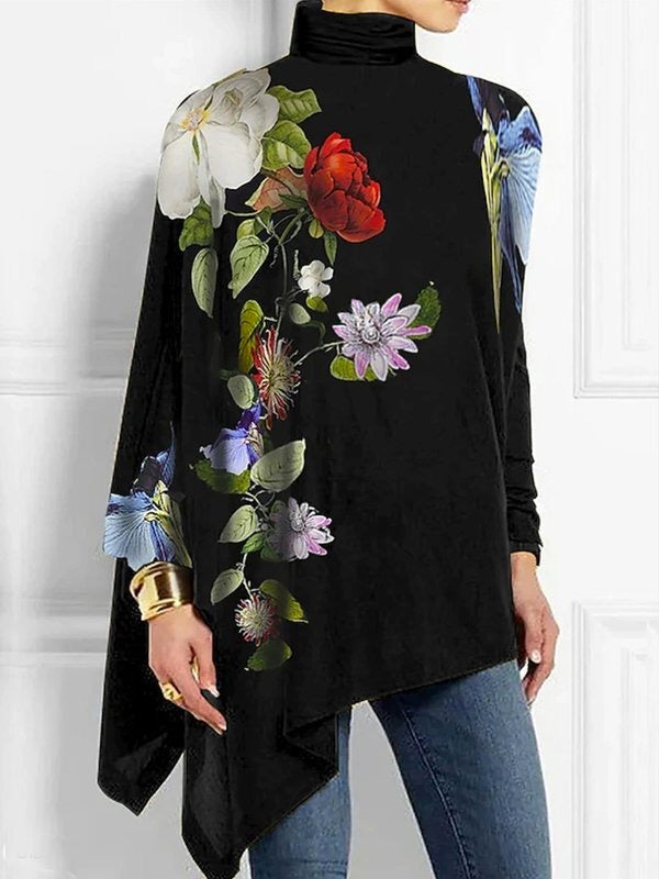 Irregularity Long Sleeves Flower Print High Neck T-Shirts Tops