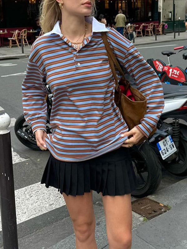 Long Sleeves Loose Buttoned Contrast Color Striped Lapel T-Shirts Tops