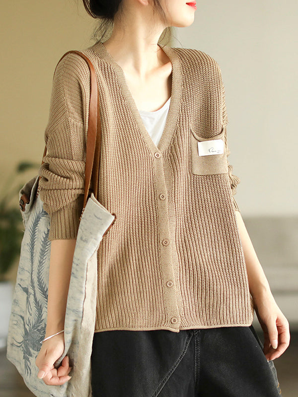 6 Colors Urban Split-Joint Solid Color V-Neck Cardigan Top