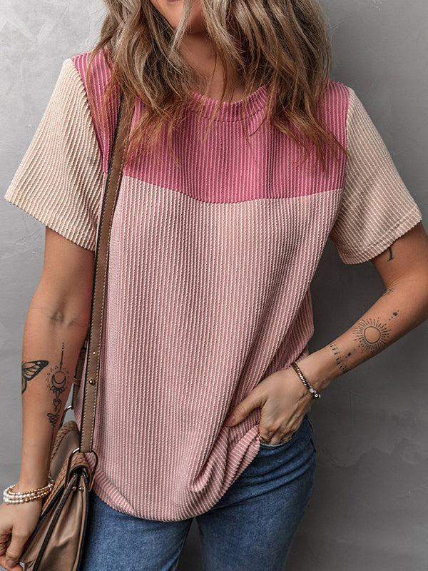 Loose Short Sleeves Contrast Color Split-Joint Round-Neck T-Shirts Tops