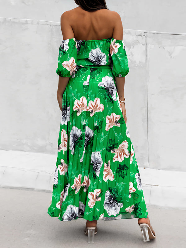 A-Line Loose Elasticity Flower Print Pleated Split-Joint Tied Waist Off-The-Shoulder Maxi Dresses