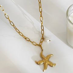 Starfish Pearl Pendant Necklace - Oceanic Elegance