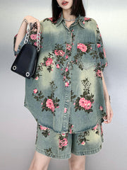 High-Low Loose Floral Printed Split-Joint Lapel Blouses&Shirts Tops