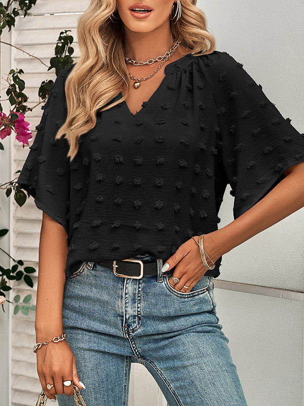 Half Sleeves Loose Jacquard Solid Color V-Neck T-Shirts Tops