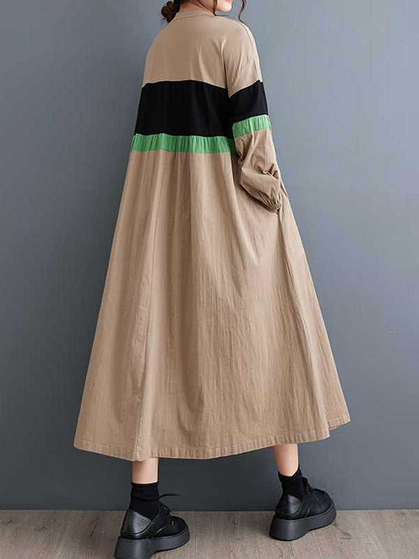 Long Sleeves Loose Buttoned Contrast Color Elasticity Split-Joint Round-neck Midi Dresses