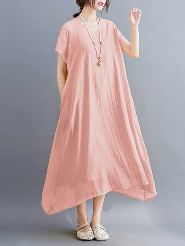 A-Line Loose Solid Color V-Neck Midi Dresses