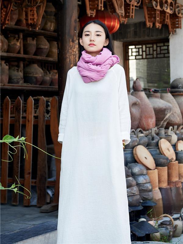 Soft White Long Sleeves Ramie Cotton Long Dress