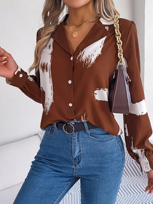 Long Sleeves Loose Buttoned Printed Notched Collar Blouses&Shirts Tops