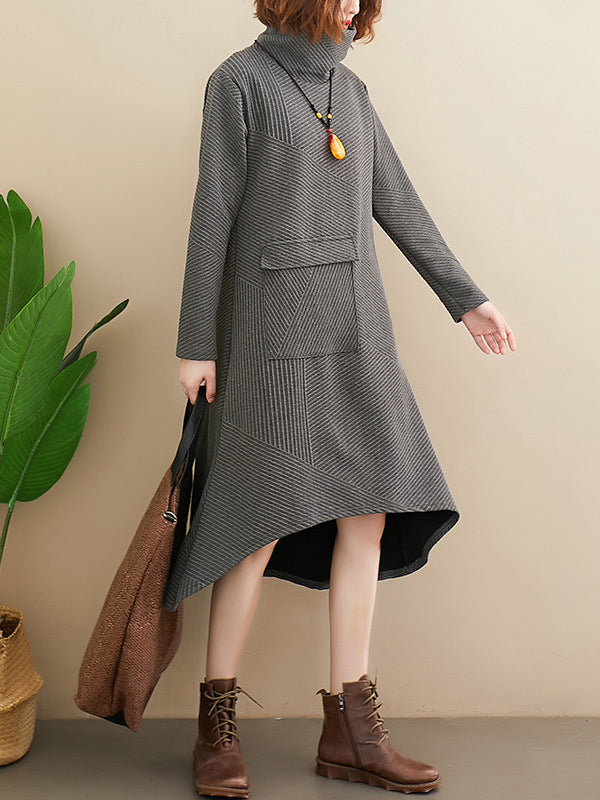 Original Solid High-Neck Irregularity Dress