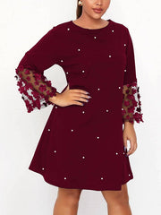 A-Line Loose Mesh Polka-Dot Split-Joint Three-Dimensional Flower Round-Neck Mini Dresses