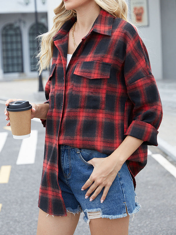 Long Sleeves Loose Buttoned Plaid Pockets Split-Joint Lapel Blouses&Shirts Tops