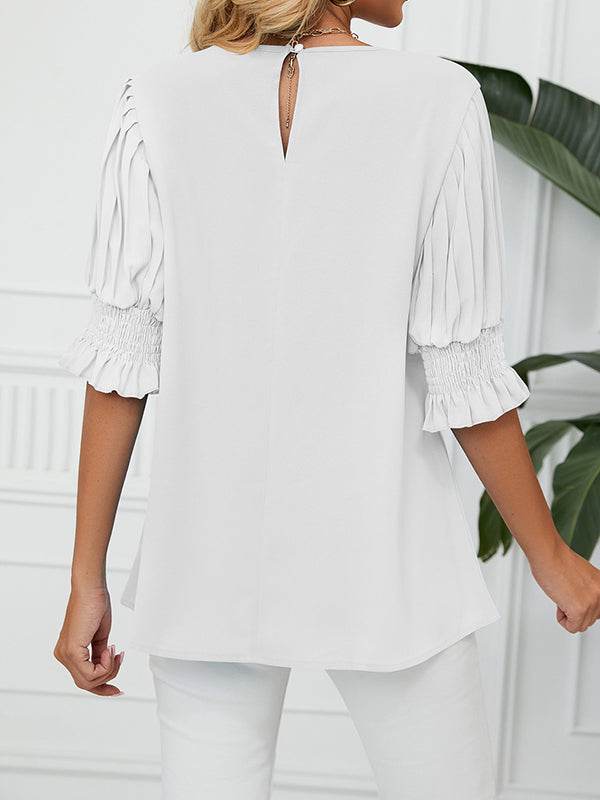 Loose Puff Sleeves Pleated Solid Color Round-Neck T-Shirts Tops