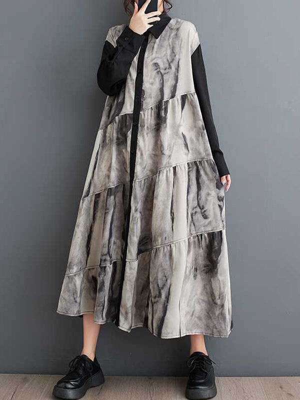 A-Line Long Sleeves Buttoned Printed Split-Joint Wash Painting Lapel Midi Dresses Shirt Dress