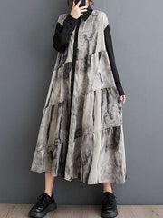 A-Line Long Sleeves Buttoned Printed Split-Joint Wash Painting Lapel Midi Dresses Shirt Dress