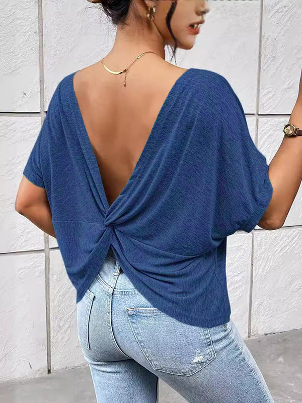 Batwing Sleeves Loose Backless Pleated Solid Color Split-Joint Round-Neck T-Shirts Tops