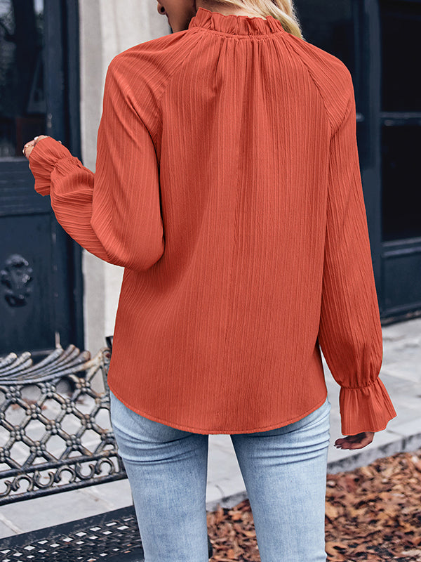 Long Sleeves Ruffle Sleeves Elasticity Ruffled Solid Color Mock Neck T-Shirts Tops