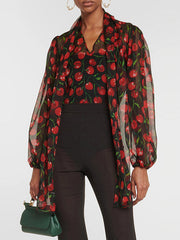 Long Sleeves Loose Flower Print See-Through Shawl Collar Blouses&shirts Tops