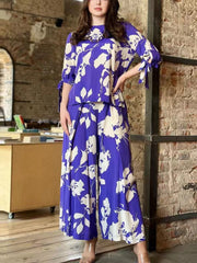 Flower Print Round-Neck Tied T-Shirt&Wide Leg Pants Two Pieces Set