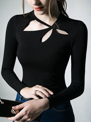 Long Sleeves Skinny Hollow Solid Color Asymmetric Collar T-Shirts Tops