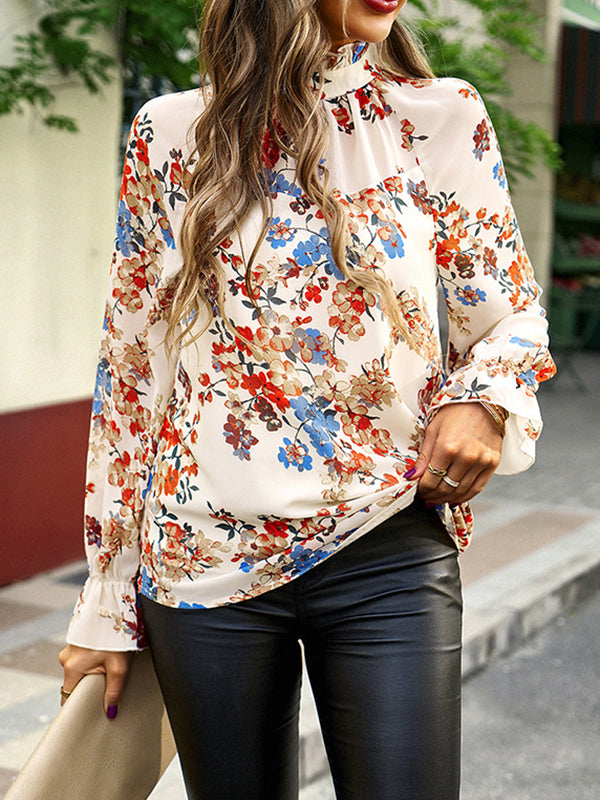 Flared Sleeves Long Sleeves Elasticity Flower Print Round-Neck Blouses&Shirts Tops