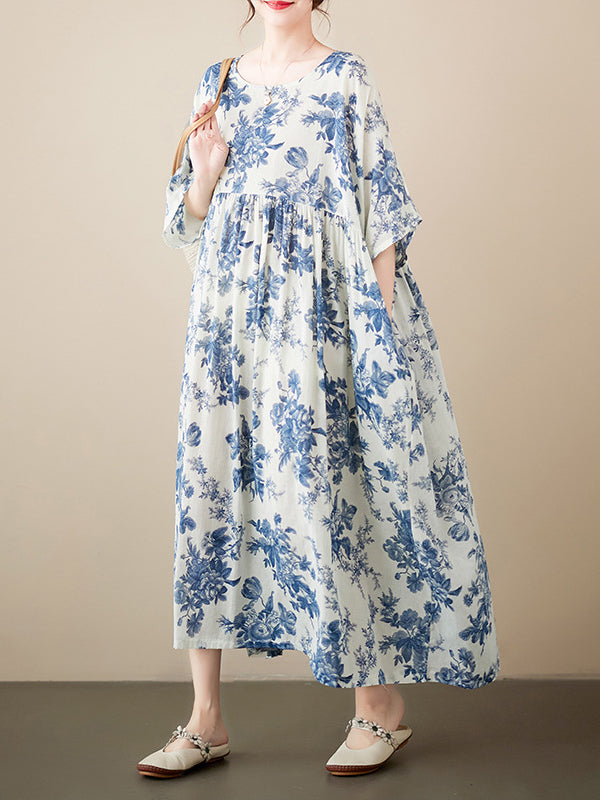 Loose Short Sleeves Floral Printed Pleated Split-Joint Round-Neck Midi Dresses