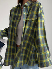 Long Sleeves Loose Buttoned Plaid Pockets Split-Joint Lapel Blouses&shirts Tops