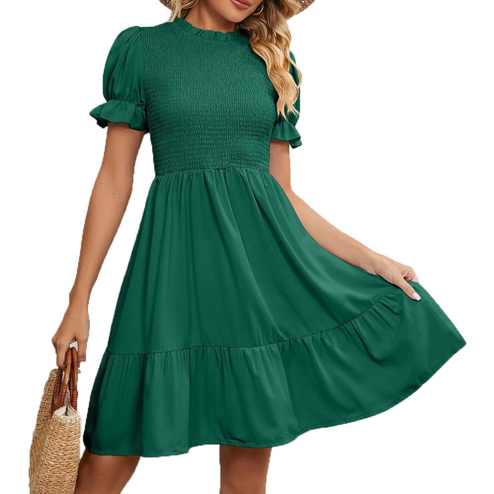 Short Sleeve Pleated Round Neck Midi Dress