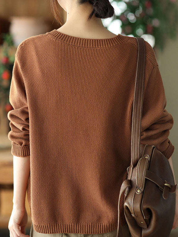 Simple Loose Long Sleeves Buttoned Solid Color Round-Neck Cardigan Tops