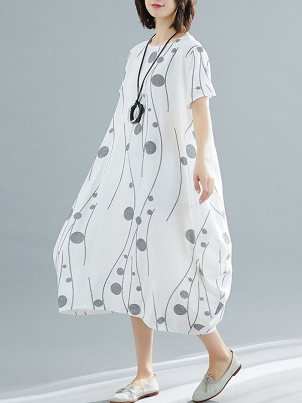 Loose Short Sleeves Printed Round-Neck Midi Dresses