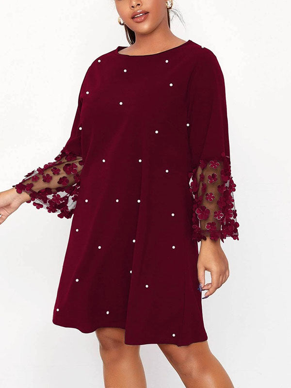 A-Line Loose Mesh Polka-Dot Split-Joint Three-Dimensional Flower Round-Neck Mini Dresses