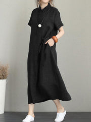 Original Cotton-Blend Lapel Solid Color Dress