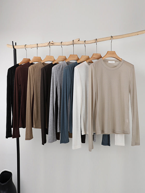 Long Sleeves Skinny See-Through Solid Color Round-Neck T-Shirts