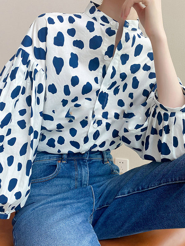 Loose Puff Sleeves Pleated Polka-Dot Split-Joint Stand Collar Blouses