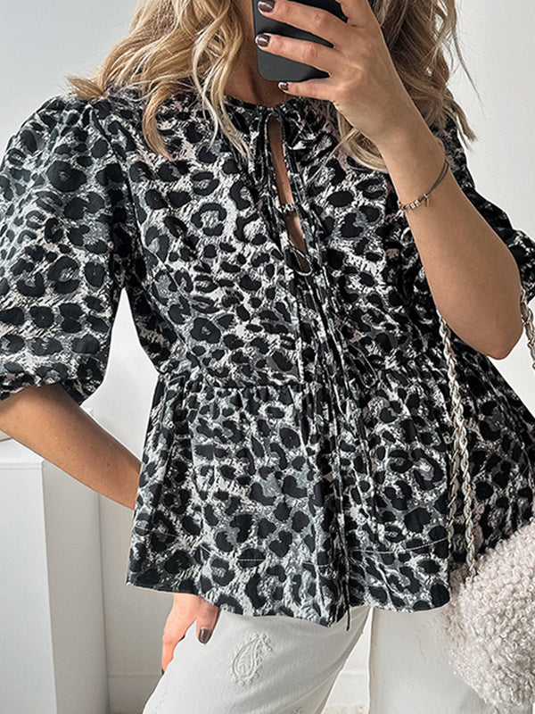 Half Sleeves Loose Elasticity Leopard Pleated Split-Joint Tied Round-Neck Blouses&Shirts Tops