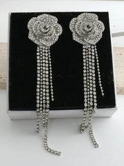 Flower Shape Rhine Stones Tasseled Drop Earrings