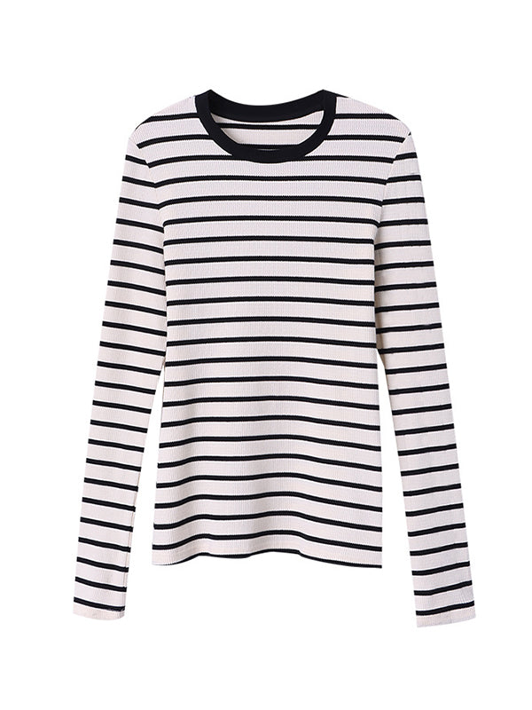 Long Sleeves Skinny Contrast Color Striped Round-Neck T-Shirts Tops